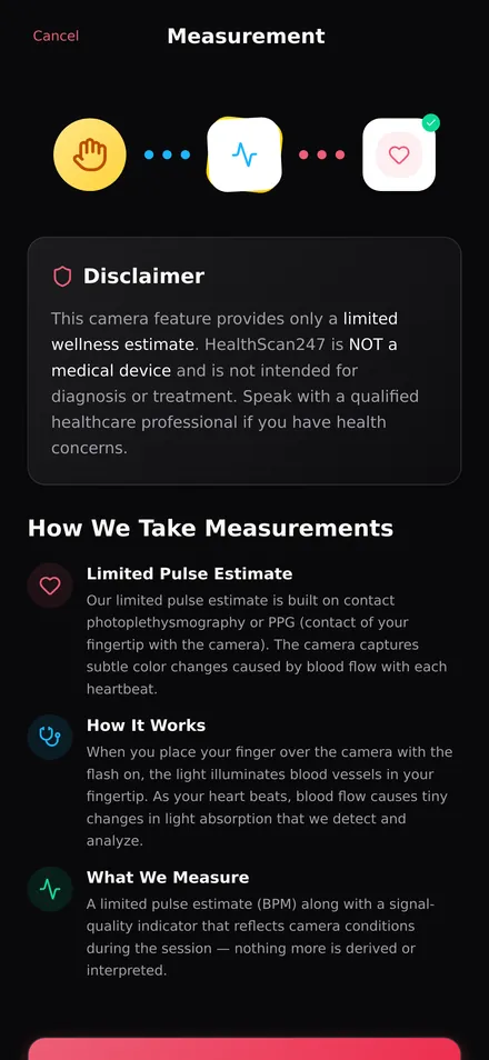 HealthScan247 camera session screen, showing the app's own limitations notice