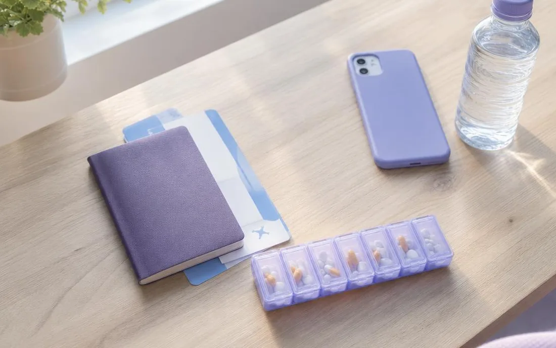 A passport, boarding pass, weekly pill organiser, phone and water bottle laid out on a sunlit table