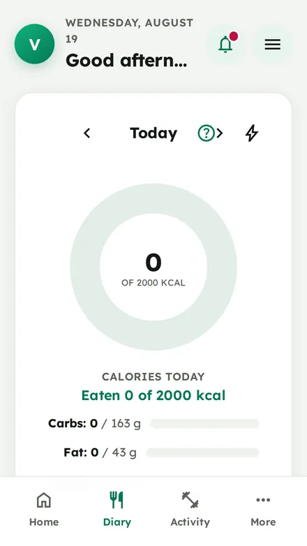 Vita247 food diary listing the meals logged for the day