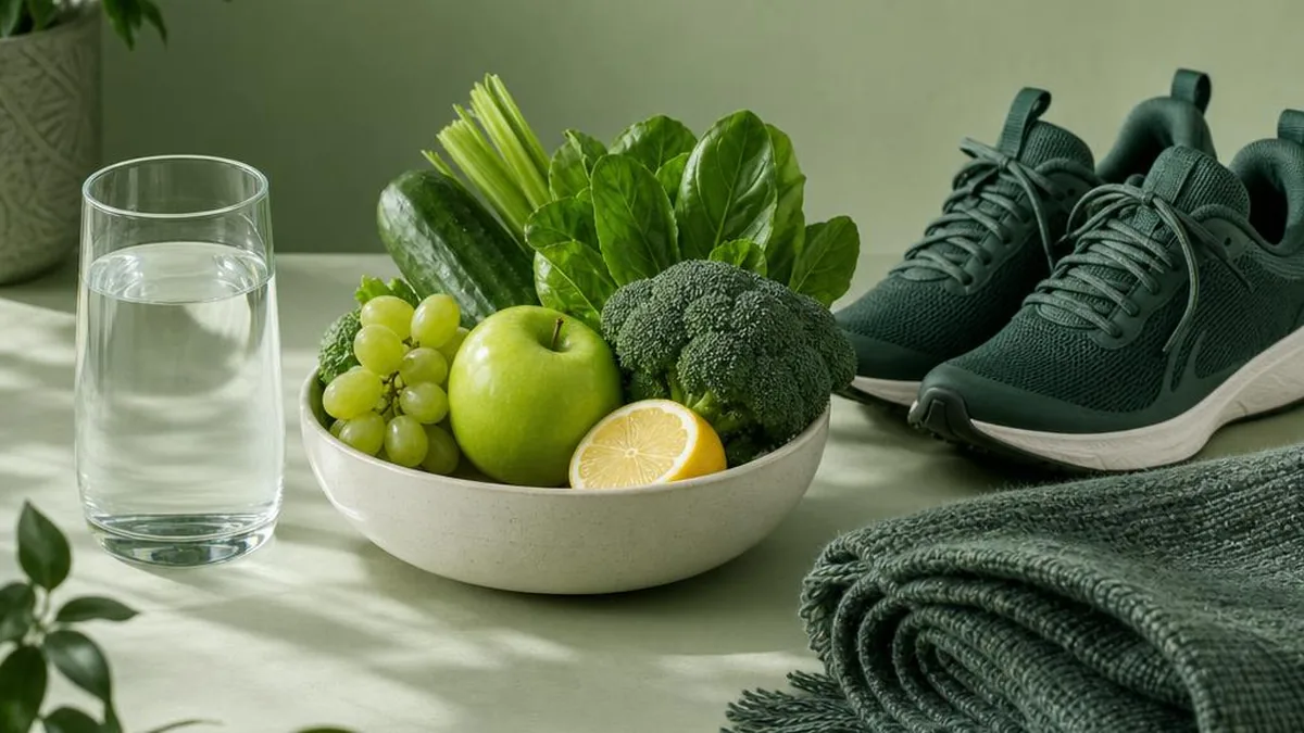 A glass of water, a bowl of fresh fruit and vegetables, walking shoes and a folded blanket on a sage green surface