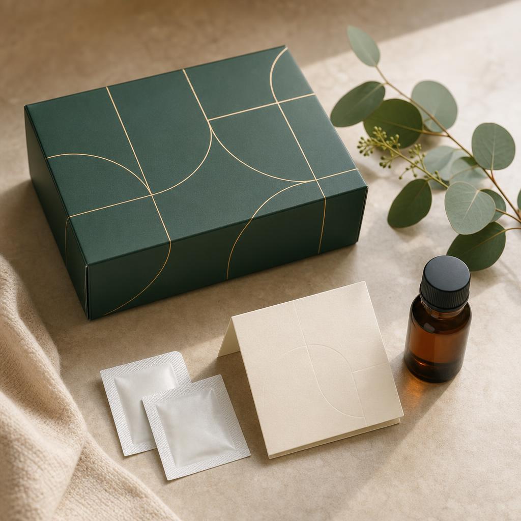 A carefully prepared care package arranged on a warm stone surface