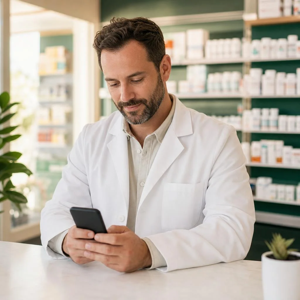 Illustrative pharmacist at a pharmacy counter