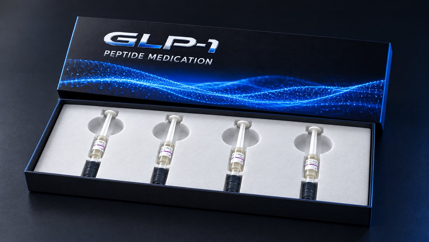 Open GLP-1 box showing four prefilled syringes in the insert