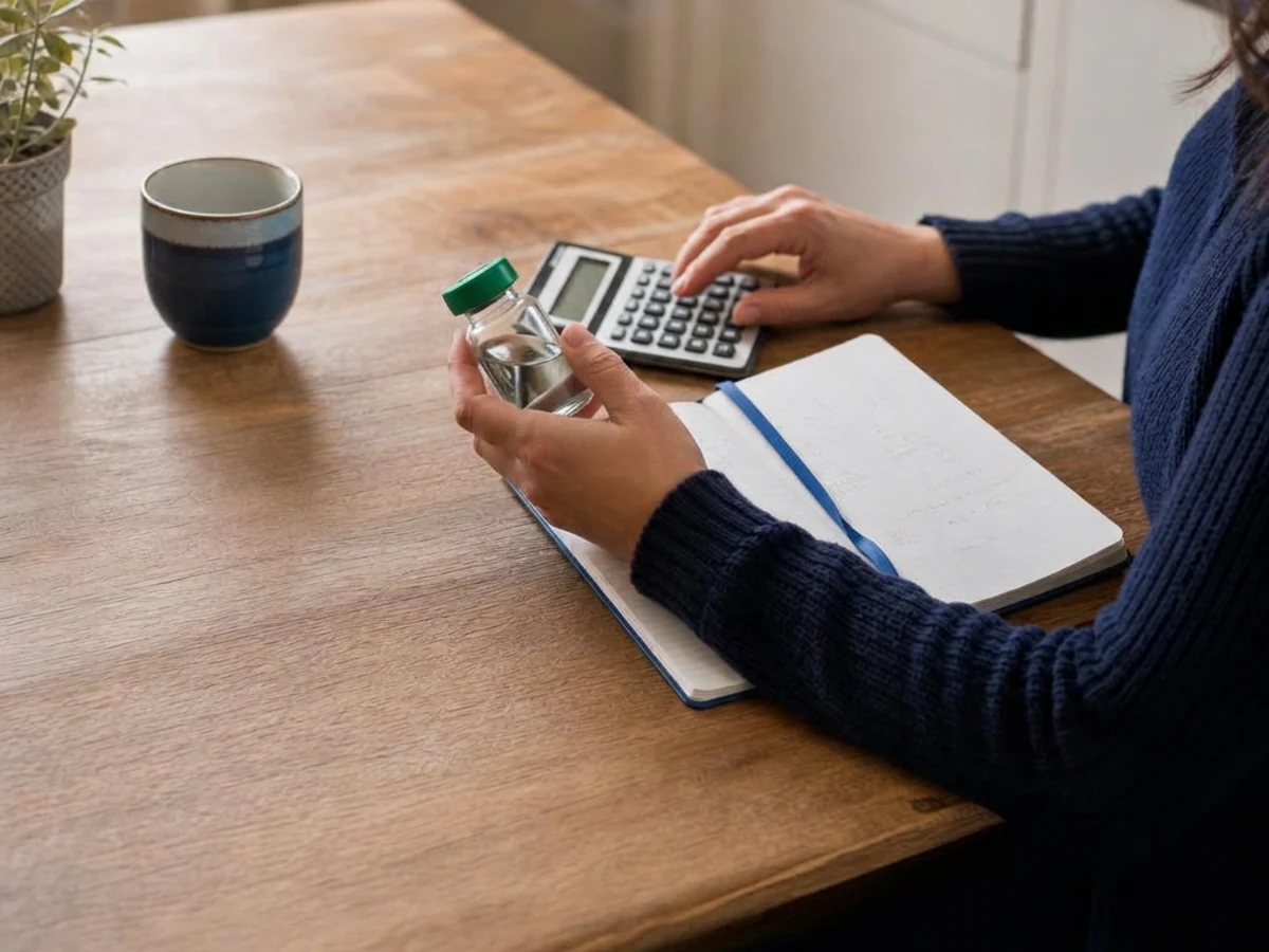 Illustrative patient reviewing treatment costs with a calculator and medication vial