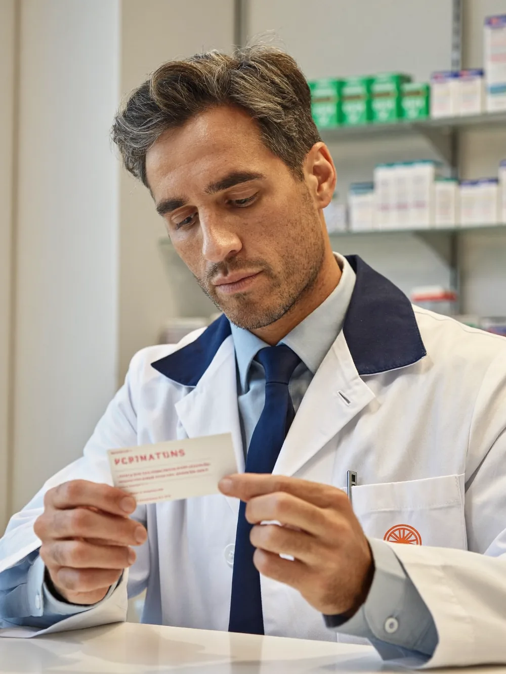 Pharmacist checking a prescription label