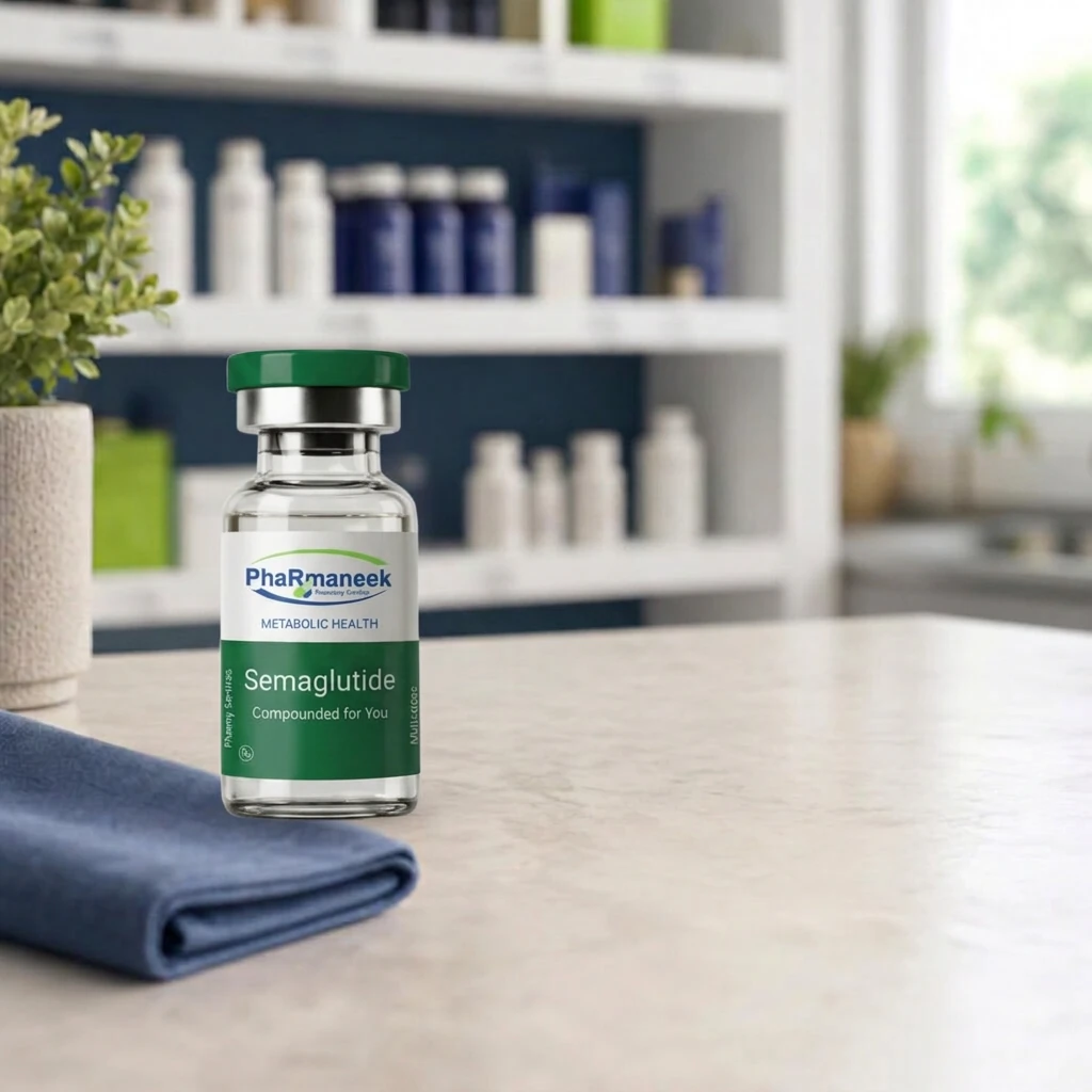 Illustrative Pharmaneek-branded semaglutide vial on a pharmacy counter
